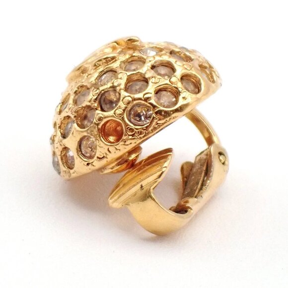 CHANEL CC Logo Rhinestone Round Button Earrings Clip-On Gold Vintage - Picture 13 of 16